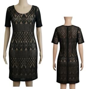 Sharagano Women's Black Lace Overlay Nude Lined Sheath Dress Sz 8 Cocktail Party